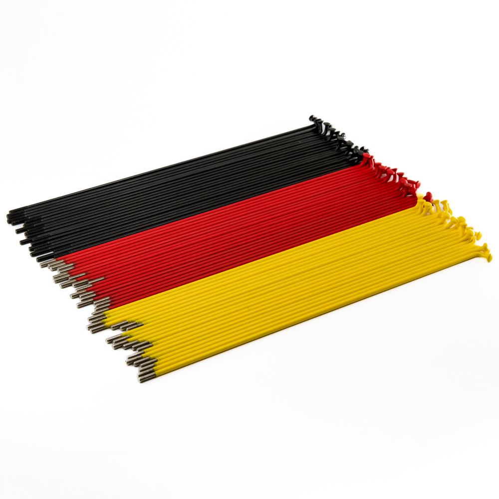 An image of Source Spokes (Pattern Thirds) - Black/Red/Yellow 186mm and 184mm mix BMX Spokes