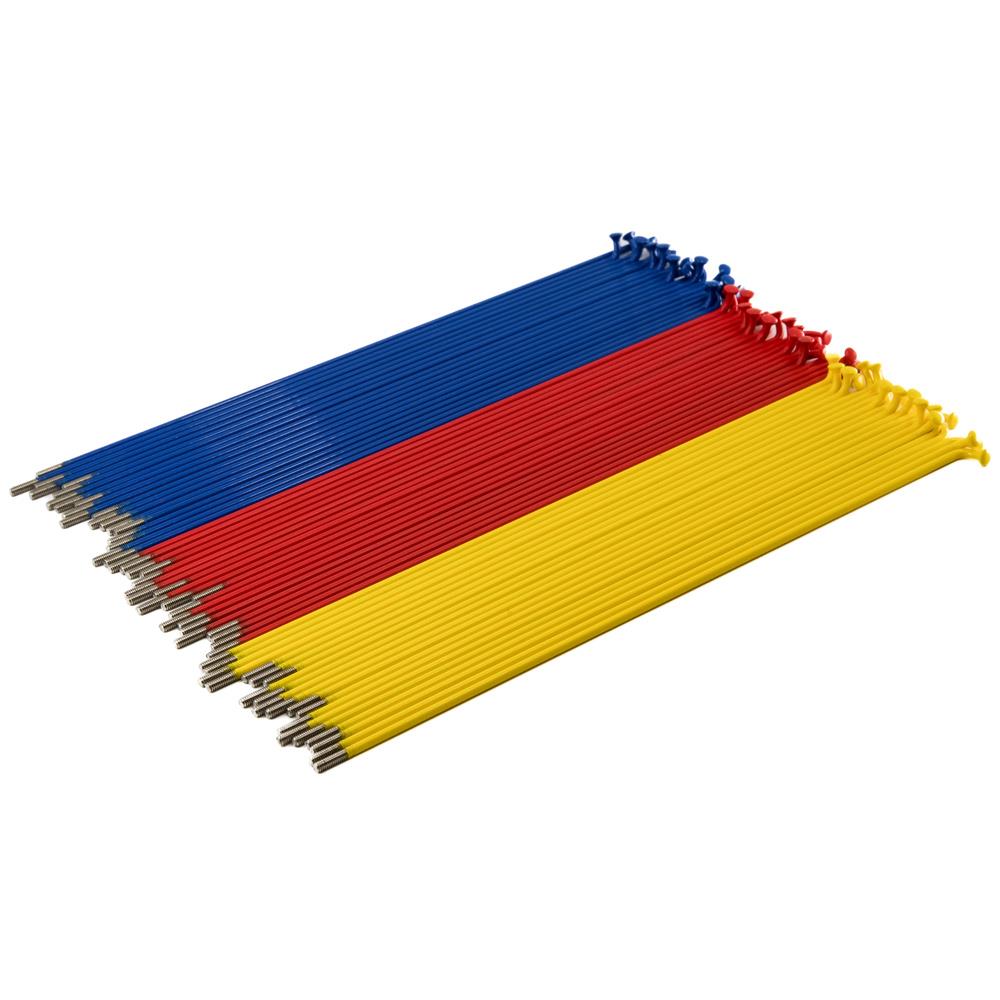 An image of Source Spokes (Pattern Thirds) - Blue/Red/Yellow 194mm BMX Spokes