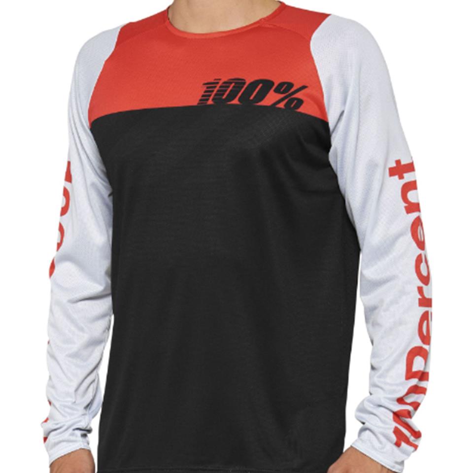 An image of 100% R-Core Long Sleeve 2022 Race Jersey - Black/Racer Red Large Race Tops