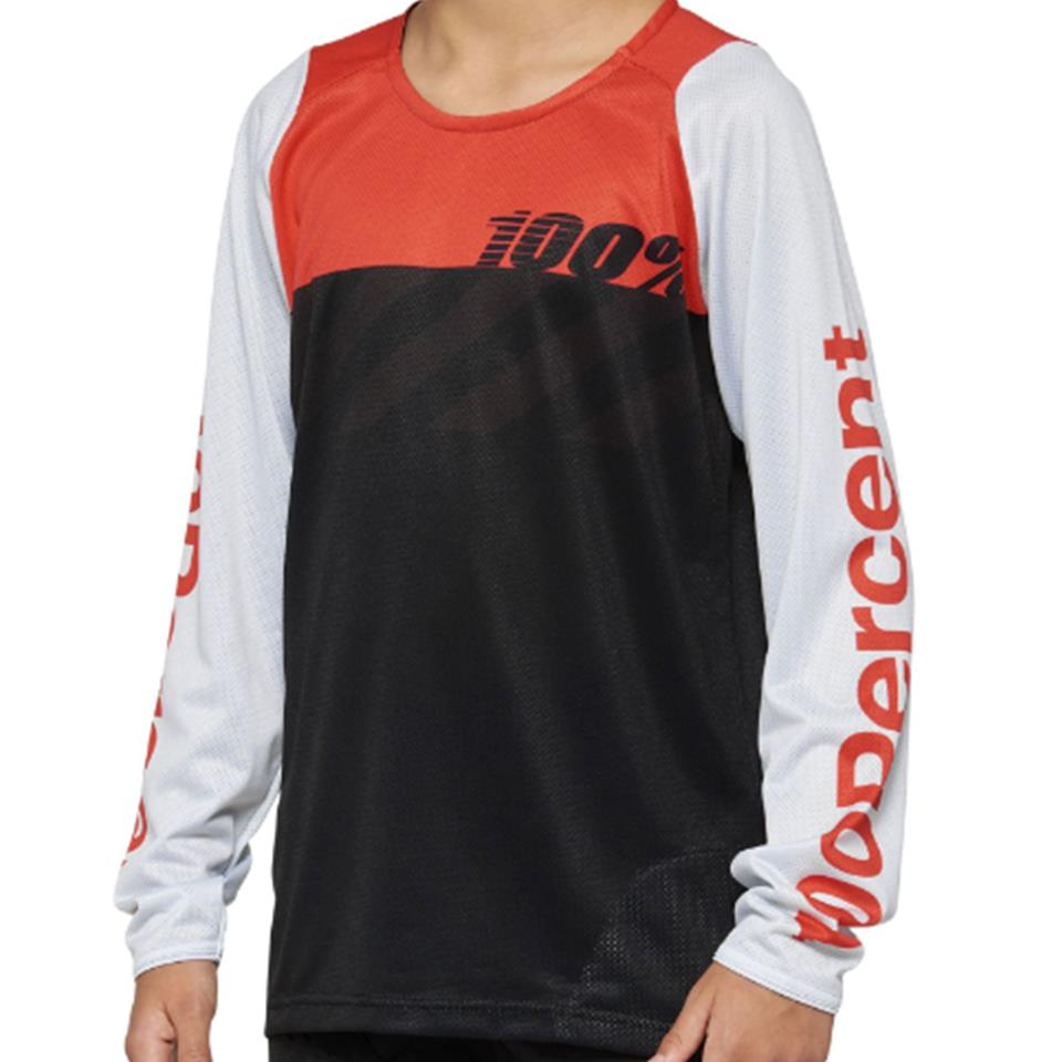 An image of 100% R-Core Youth Long Sleeve 2022 Race Jersey - Black/Racer Red Large Race Tops