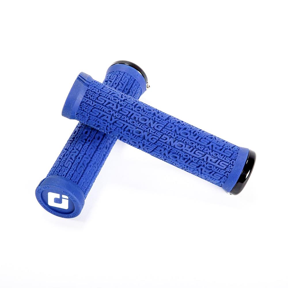 An image of Stay Strong x ODI Reactiv Lock-On Grips Blue / 135mm BMX Grips