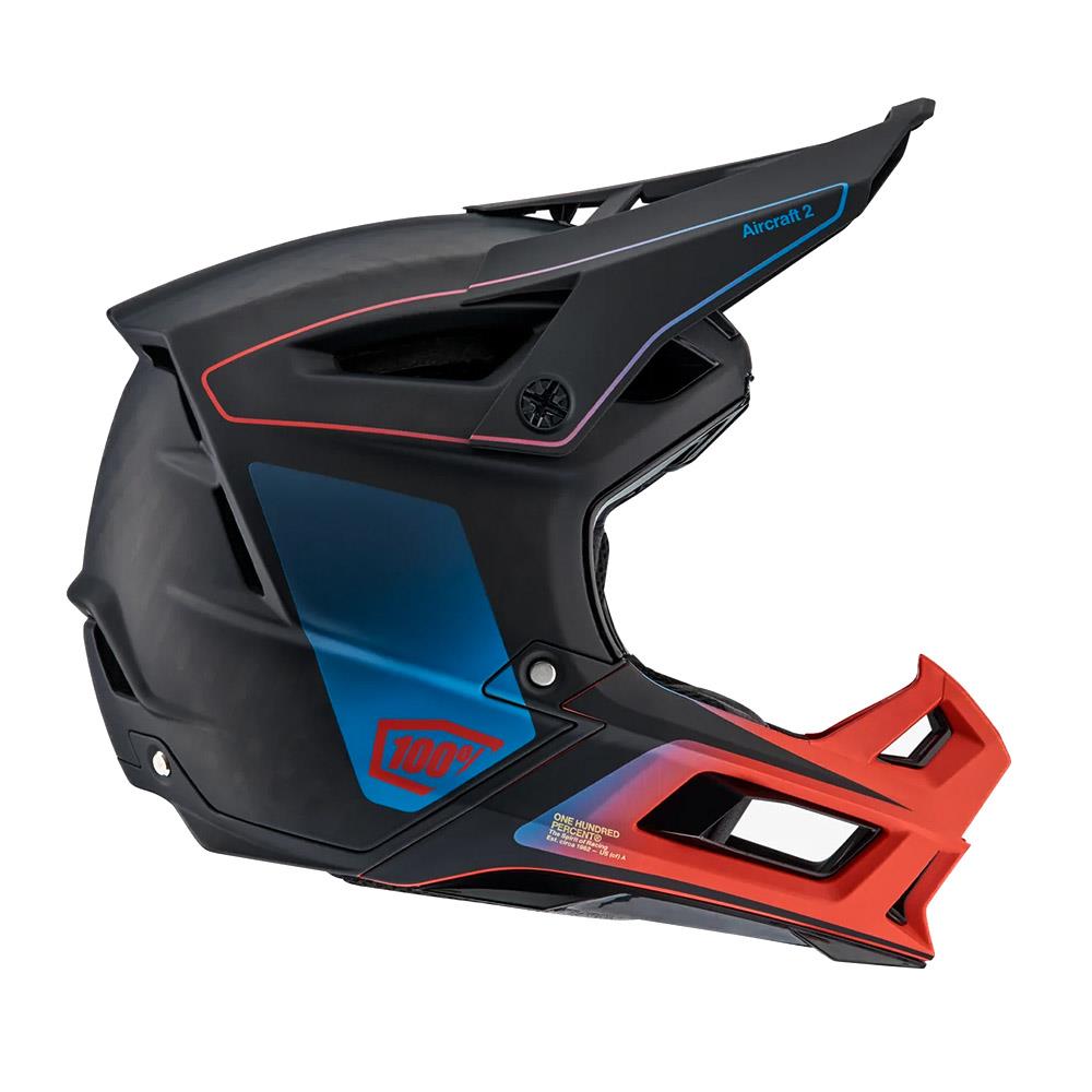 An image of 100% Aircraft 2 Race Helmet - Carbon Steel Blue/Neon Red Large Race Helmets