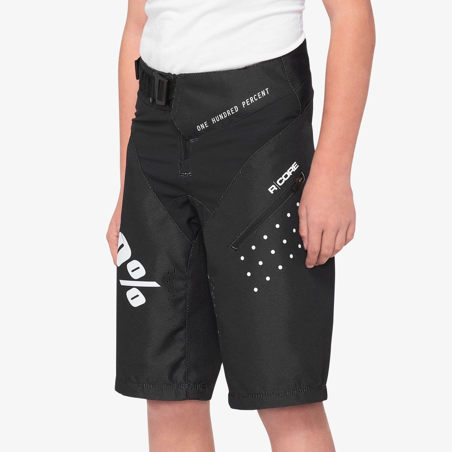 An image of 100% R-Core Race Youth Shorts - Black 24" Race Pants