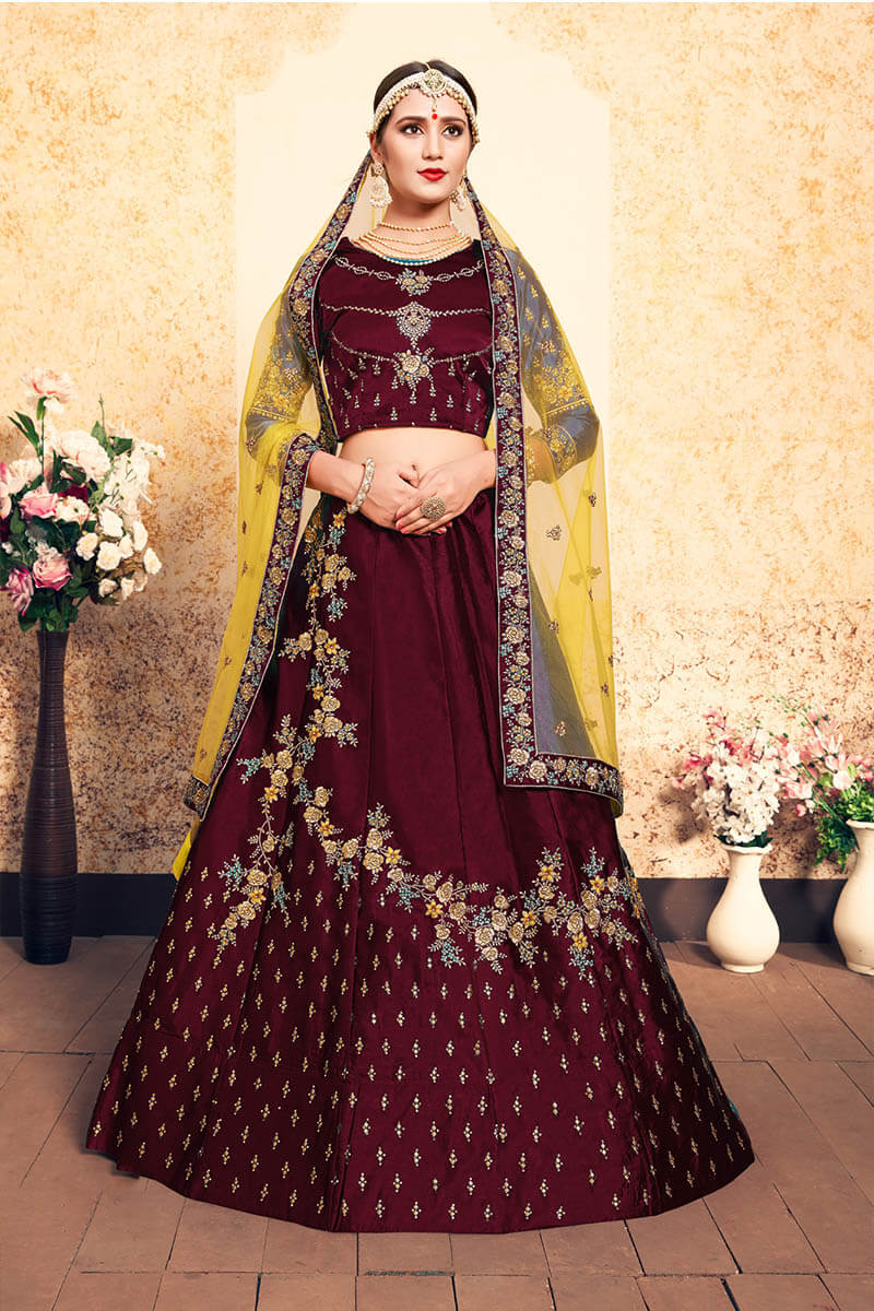 Deep Maroon Color Wedding Wear Designer Satin Lehenga Choli