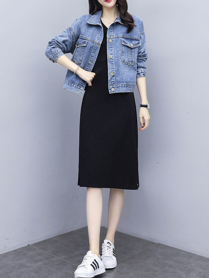 short black dress with jean jacket