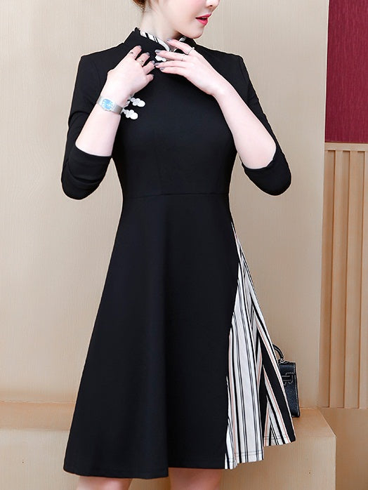 Teri Plus Size Cheongsam Qipao Black Stripe Side Long Sleeve Midi Dres ...