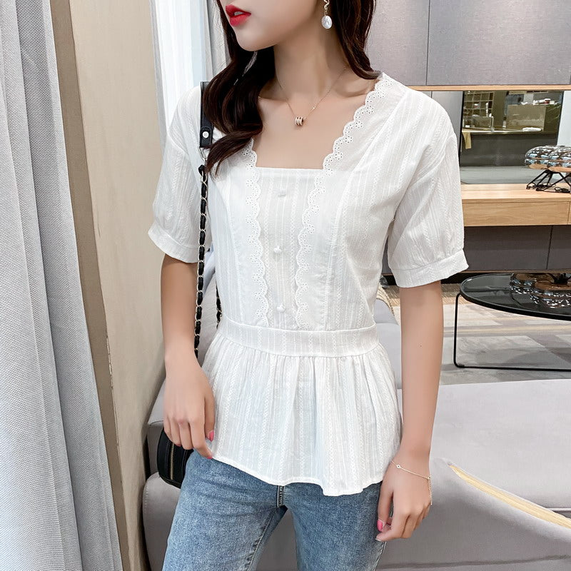 Plus Size Lace V Neck Short Sleeve Blouse / Mid Sleeve Blouse ...