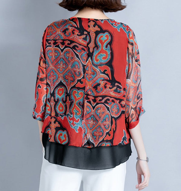 Plus size red ethnic black layer short sleeve chiffon blouse – Pluspreorder