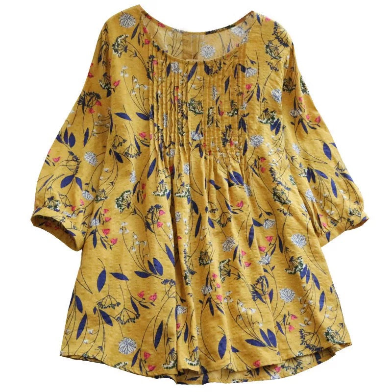 Plus size botanical pleat mid sleeve blouse (Blue, Yellow) – Pluspreorder