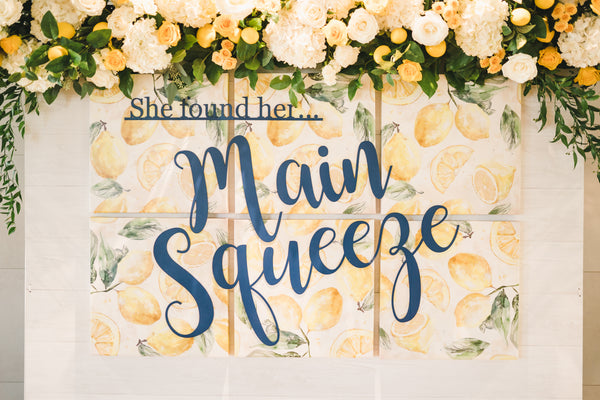 Lemon themed bridal shower, She Found Her Main Squeeze, lemon themed party ideas, lemon themed backdrop