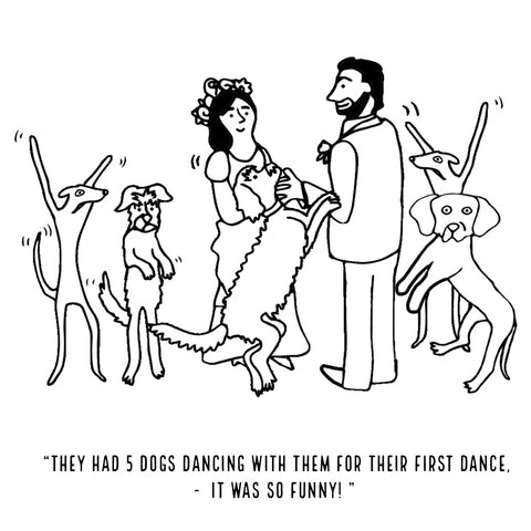cartoon drawing of a man and woman dancing with 5 dogs