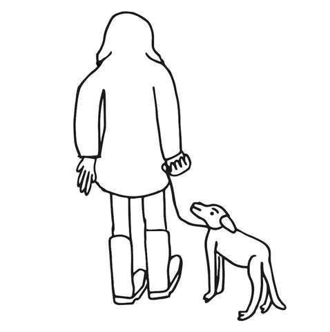 drawing of person walking their dog from behind