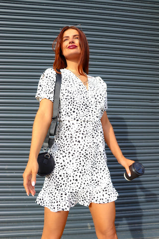 Never Fall Short - White Black Spotted Mini Wrap Dress