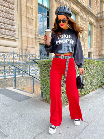 She's Toxic - Acid Wash Toxic People Graphic Sweatshirt & Big Ambitions - Red Wide Leg Trousers