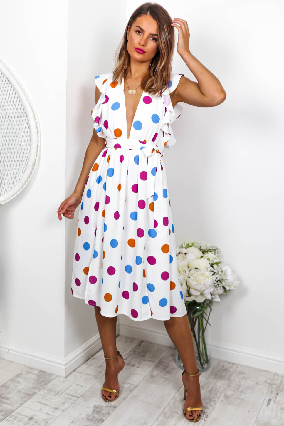 white spot midi dress