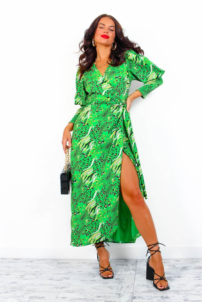Drive Em Wild - Green Multi Animal Print Midi Wrap Dress– DLSB