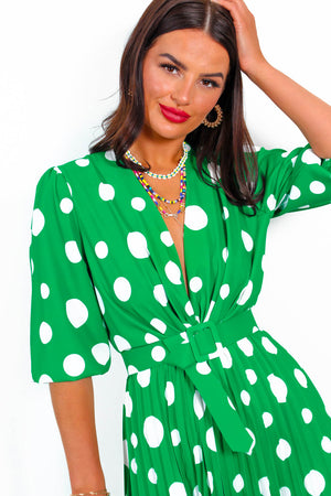 Spot Me - Green Polka Dot Pleated Midi Dress– DLSB