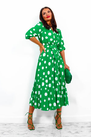 Spot Me - Green Polka Dot Pleated Midi Dress– DLSB