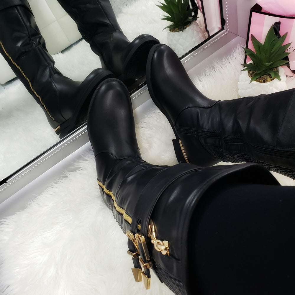black and gold knee boots