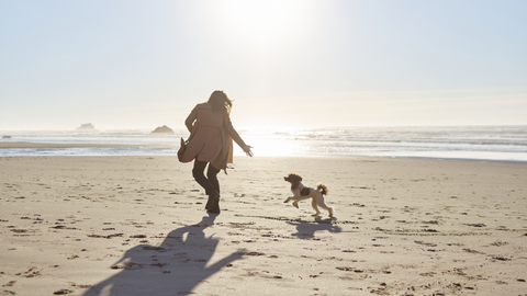 woman and dog running on the beach