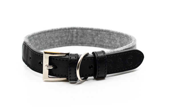 Ruby Red Dog Collar with Navy Leather + Ivory and Gray Stitching