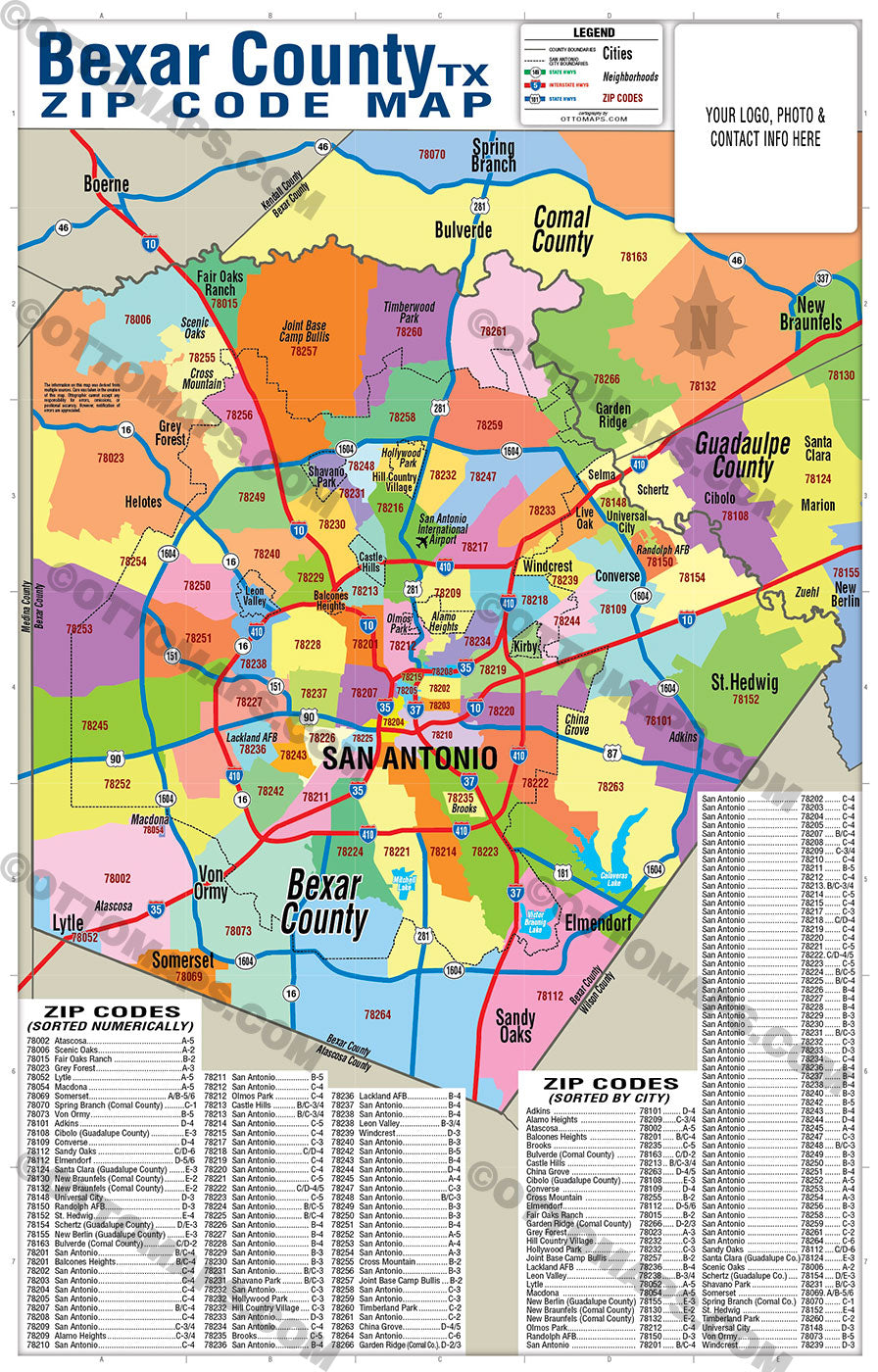 Bexar County Zip Code Map with New Braunfels - Otto Maps