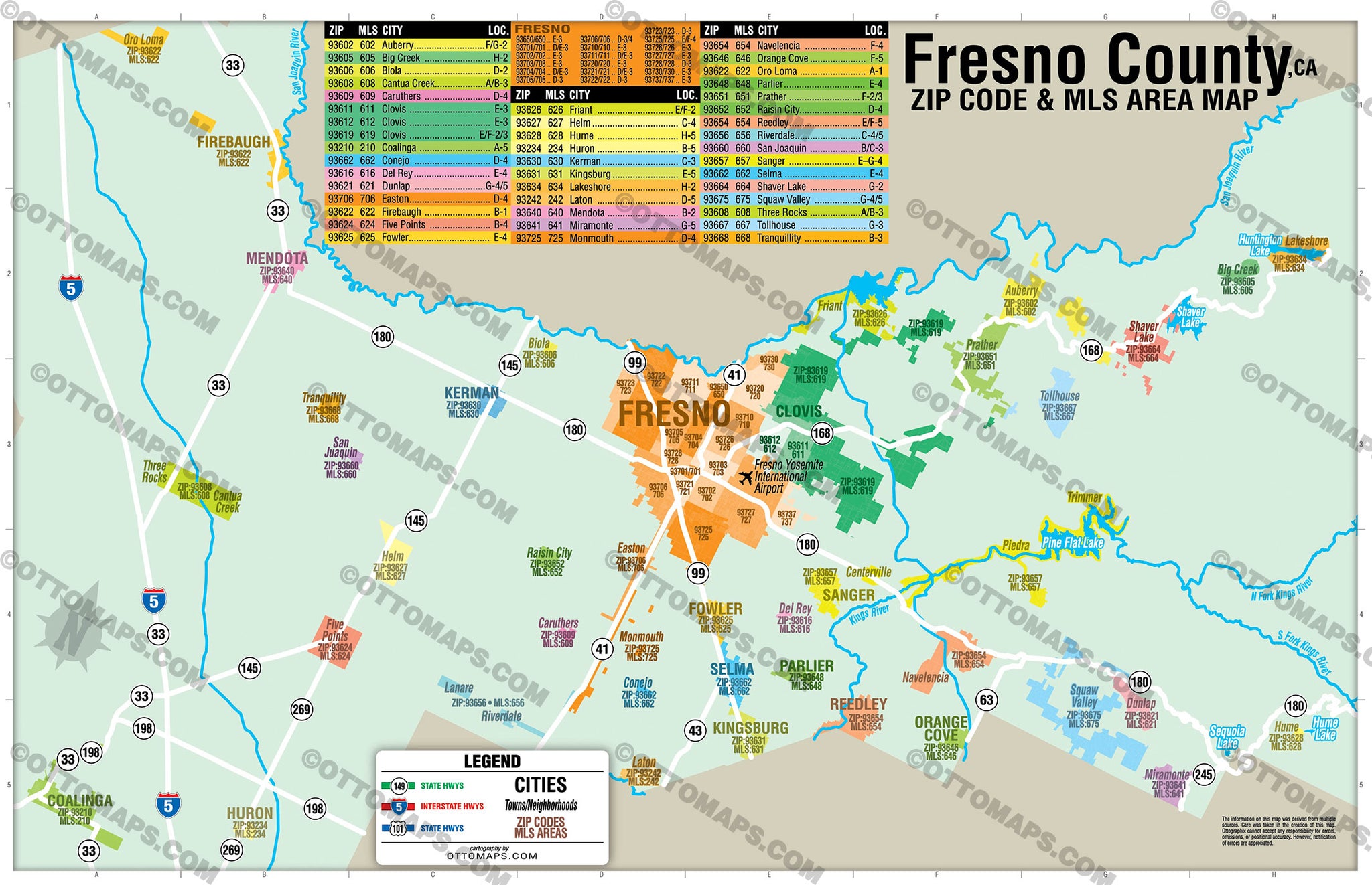 Fresno County Combo Map Zip Codes and MLS Areas Otto Maps