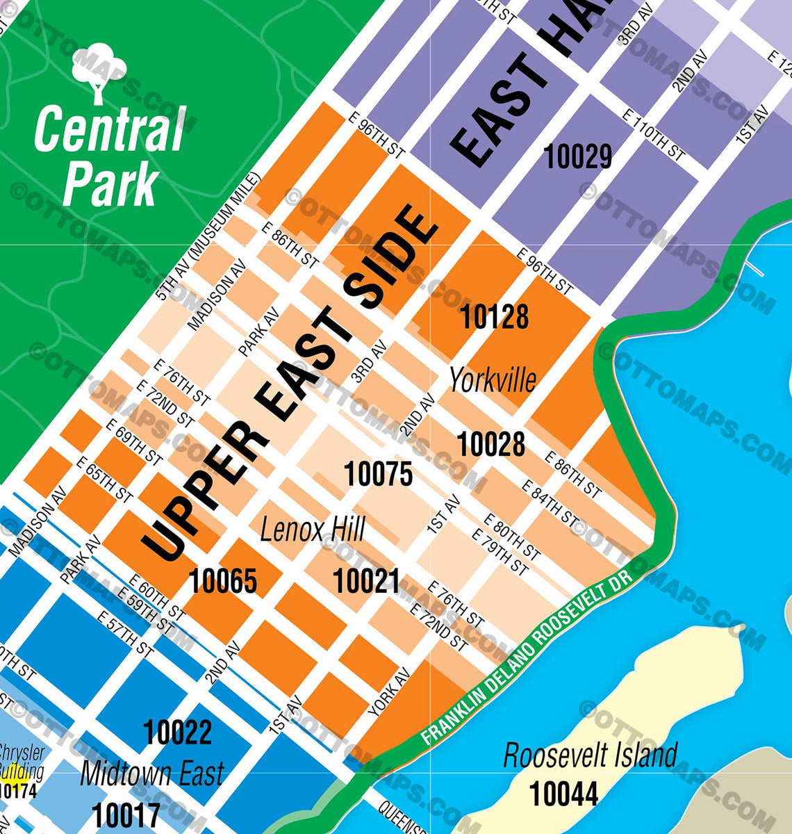 Manhattan Zip Code Map (Neighborhoods colorized) – Otto Maps