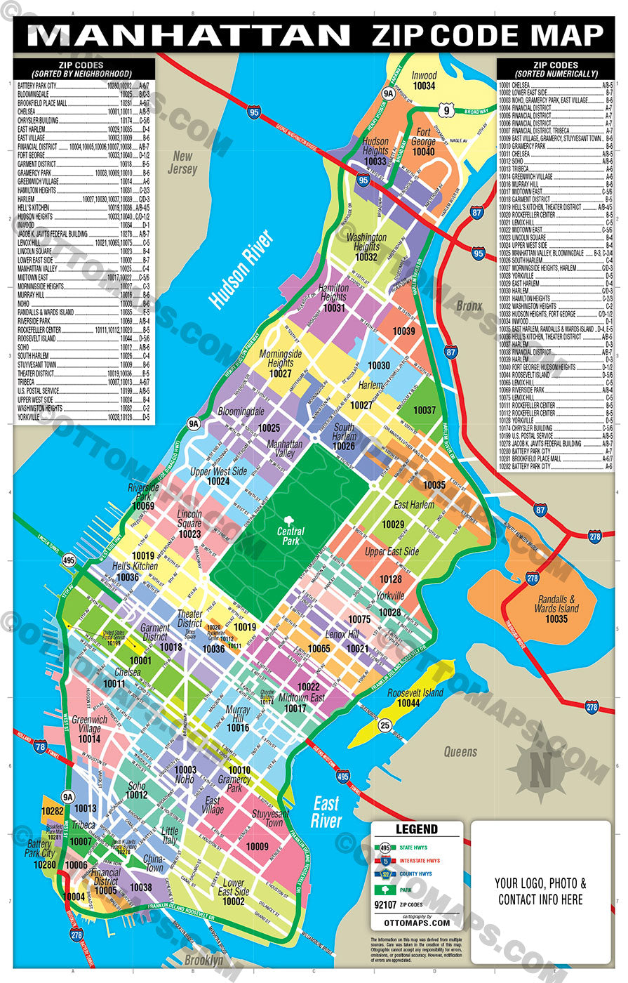 New York Manhattan Zip Code Map