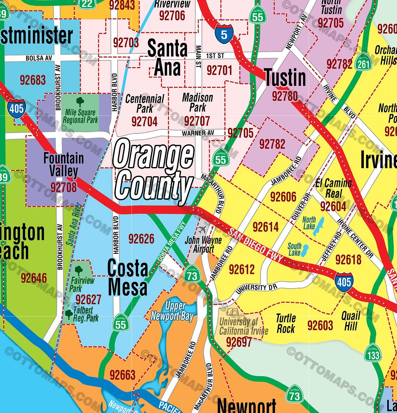 Orange County Zip Code Map (cities colorized) – Otto Maps