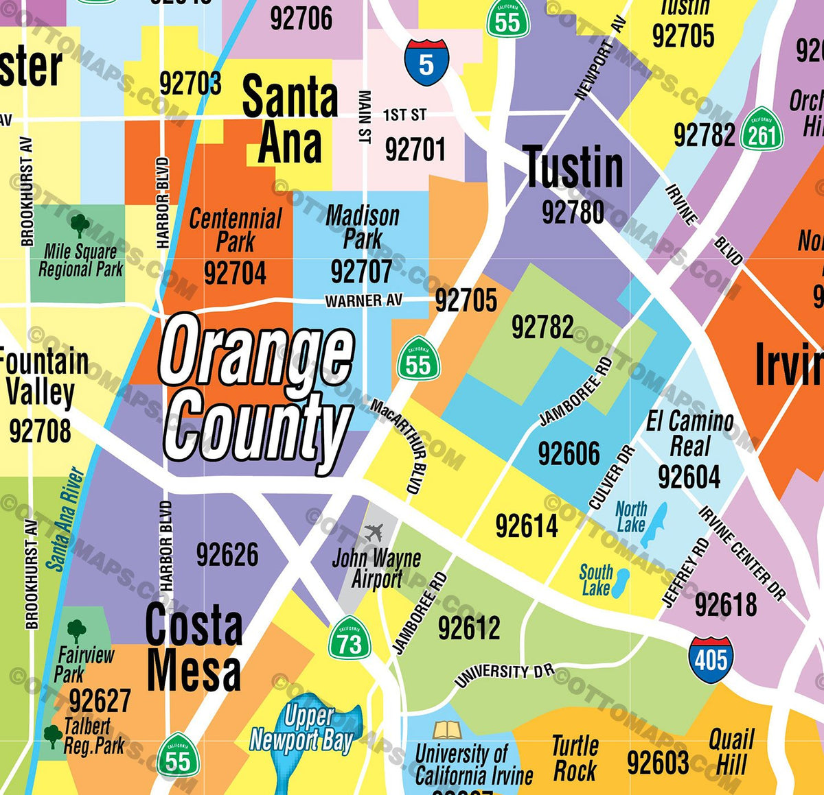 Orange County Zip Code Map (zip codes colorized) – Otto Maps