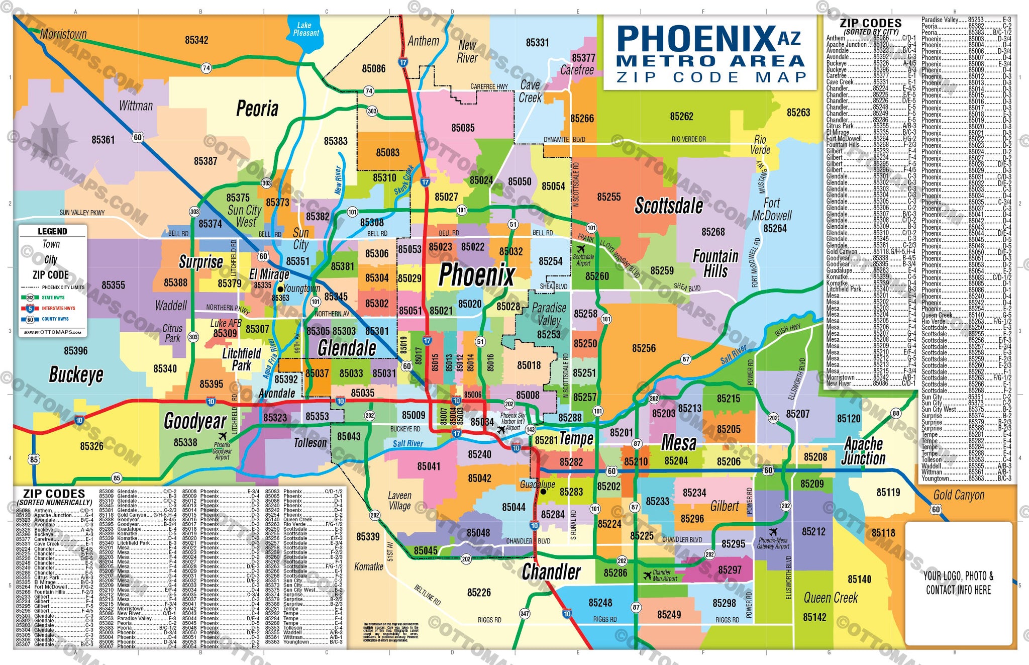 Phoenix Metro Area Zip Code Map (Zip Codes colorized) Otto Maps