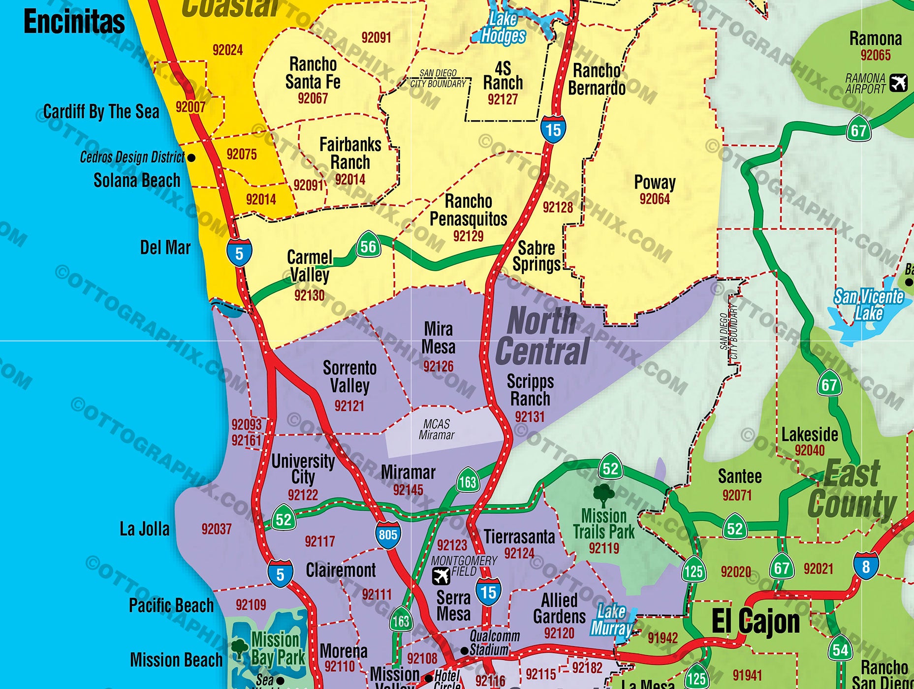 Map Of San Diego County Zip Codes San Diego County Zip Code Map   COASTAL (County Areas colorized 