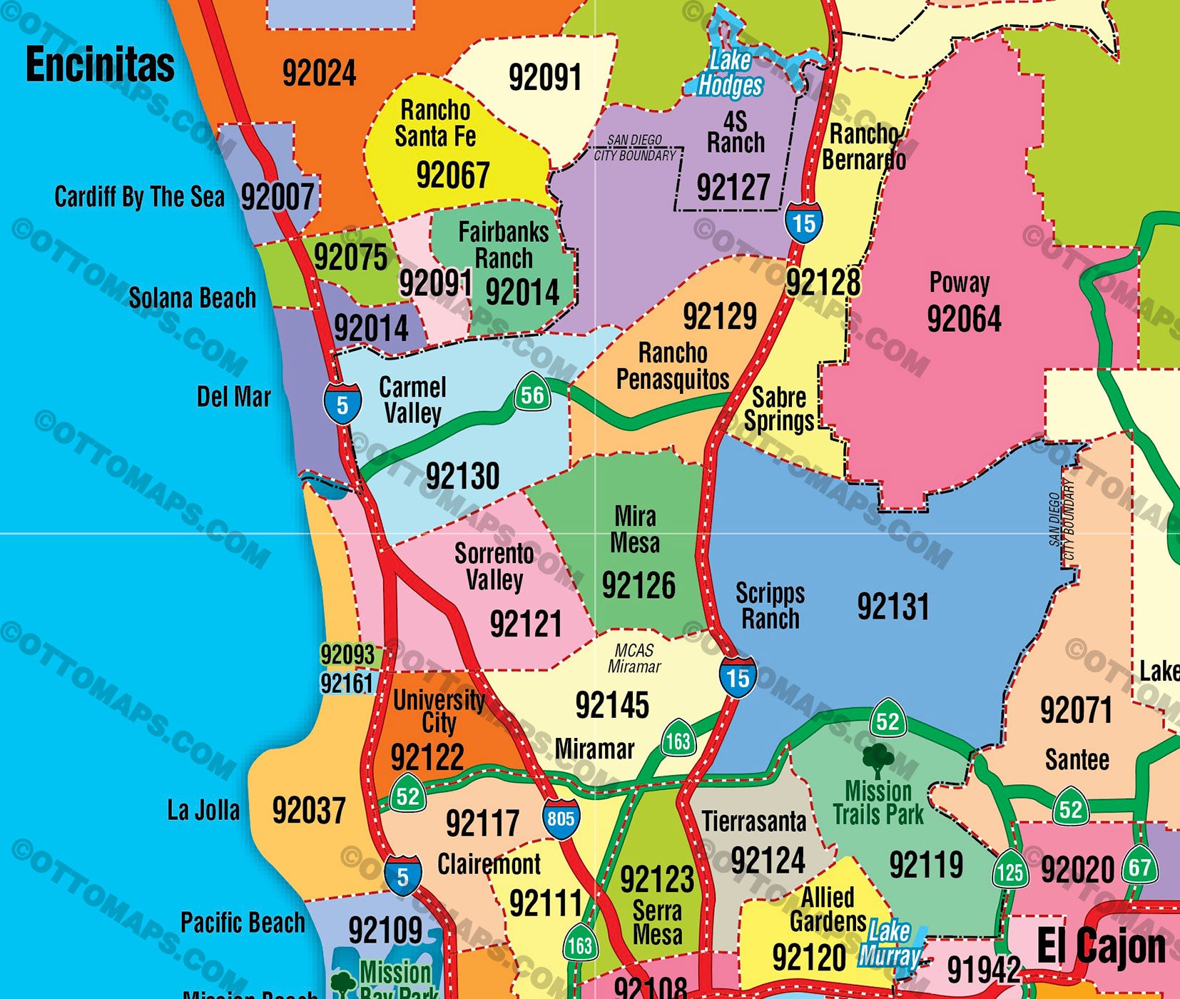92130 Zip Code Map San Diego County Zip Code Map   FULL (Zip Codes colorized) – Otto Maps