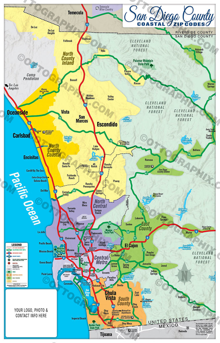 San Diego County Map Coastal No Zip Codes Otto Maps