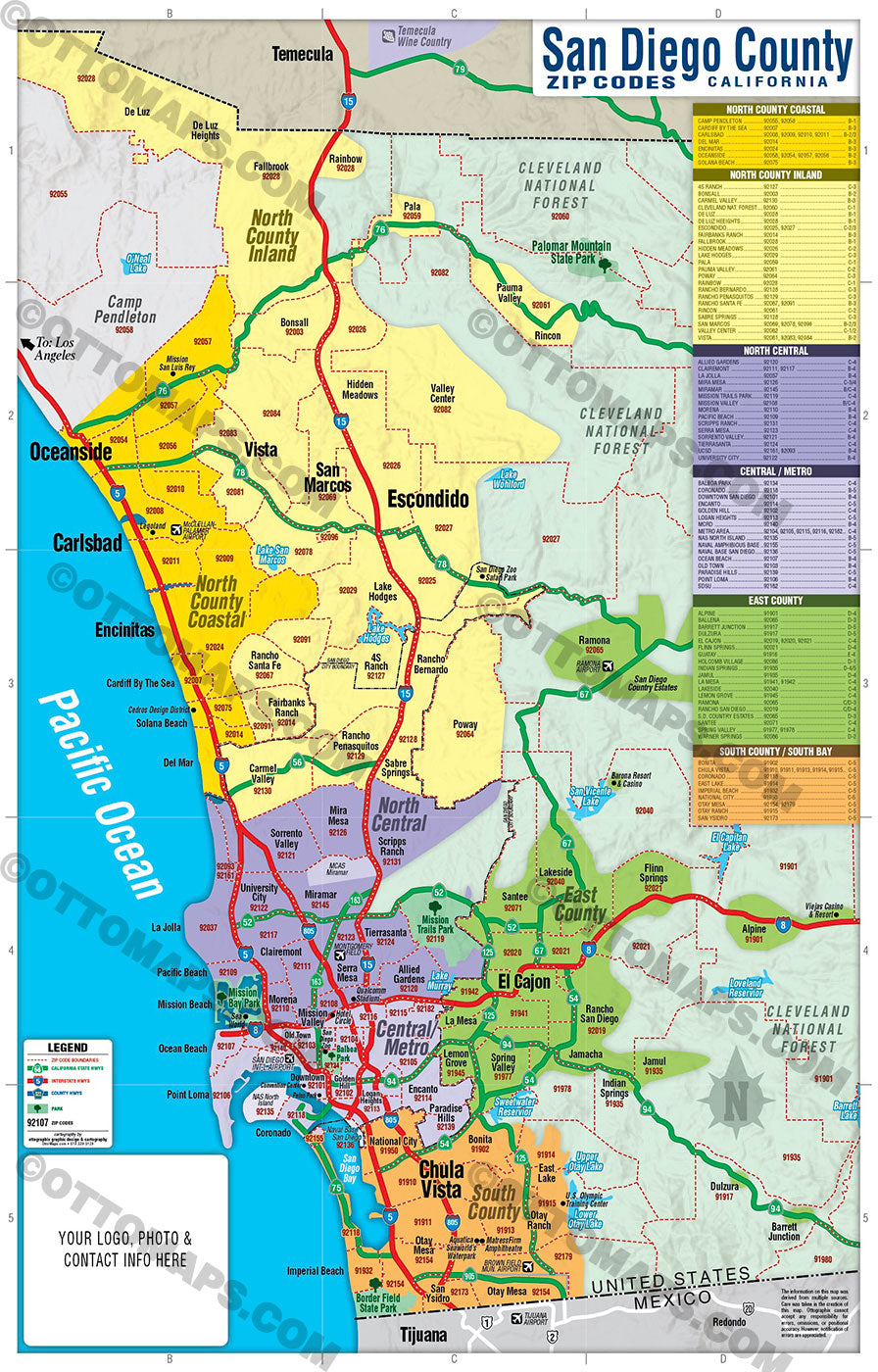 San Diego County Zip Code Map - COASTAL (County Areas colorized) – Otto ...