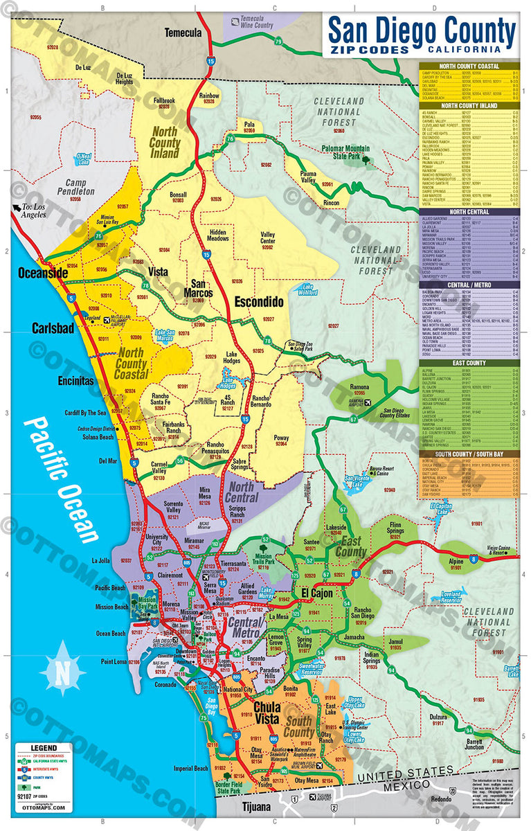 San Diego County Zip Code Map Coastal County Areas Colorized Otto 