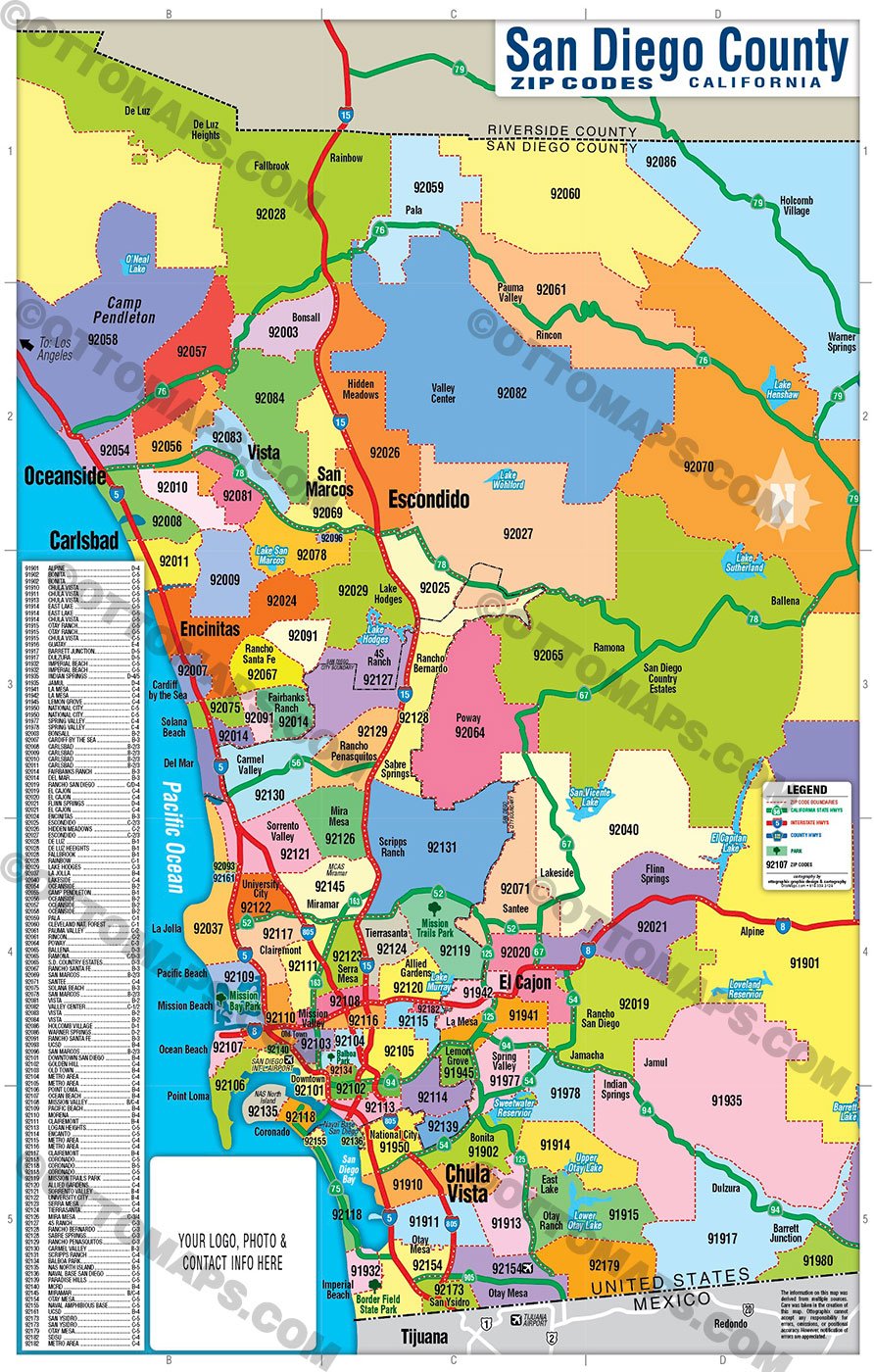 San Diego County Zip Code Map - COASTAL (Zip Codes colorized)