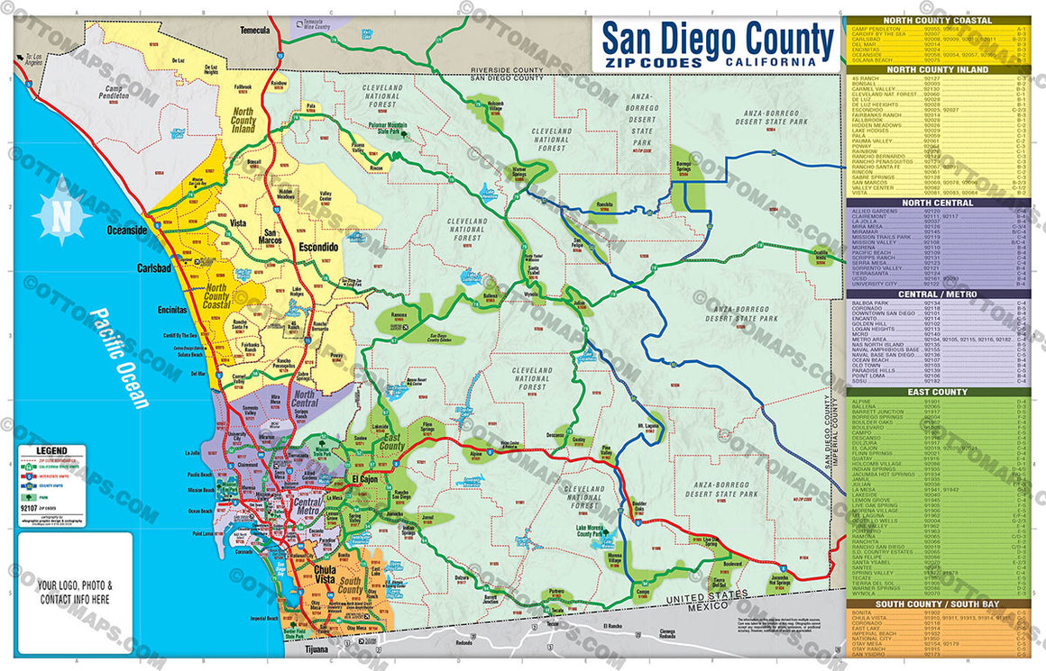 San Diego County Zip Code Map FULL (County Areas colorized) Otto Maps