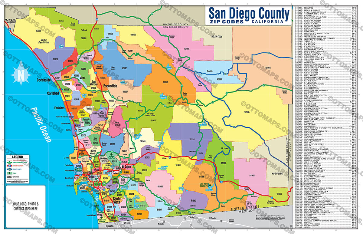 San Diego County Zip Code Map - FULL (Zip Codes colorized)