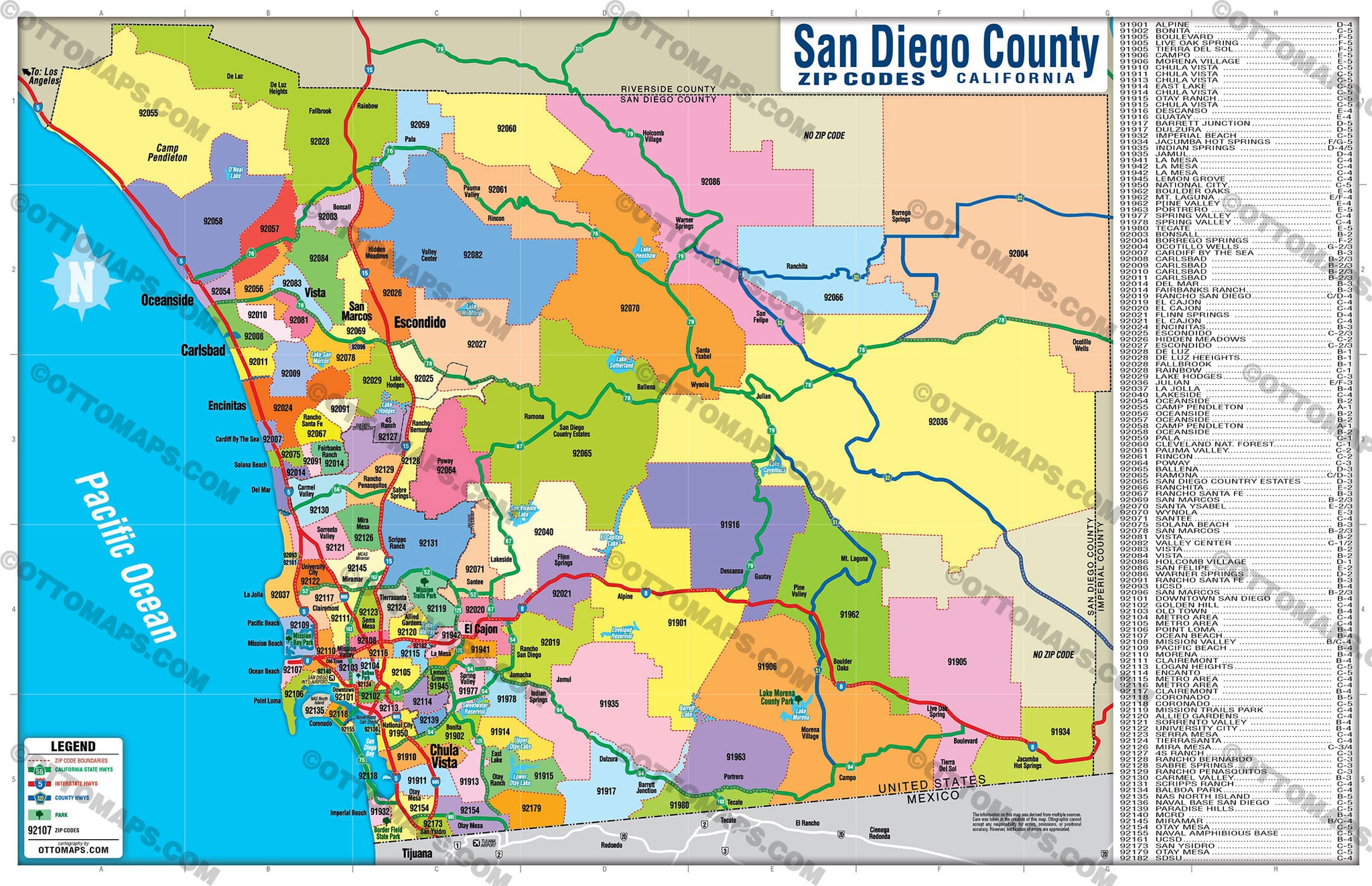 San Diego County Zip Code Map - FULL (Zip Codes colorized) – Otto Maps