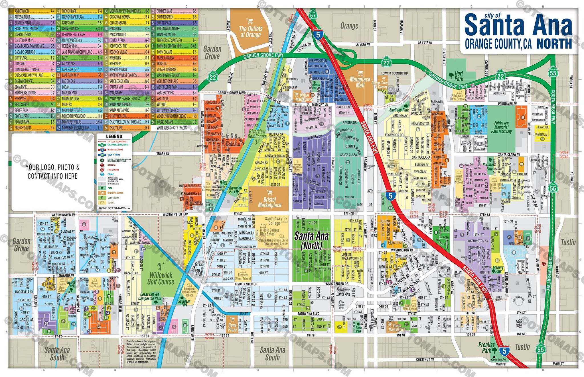 Santa Ana Map North Orange County Ca Otto Maps