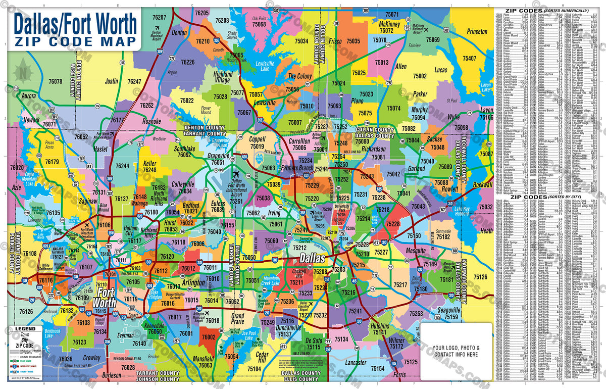 Dallas Fort Worth Zip Code Map - Zip Codes Colorized – Otto Maps