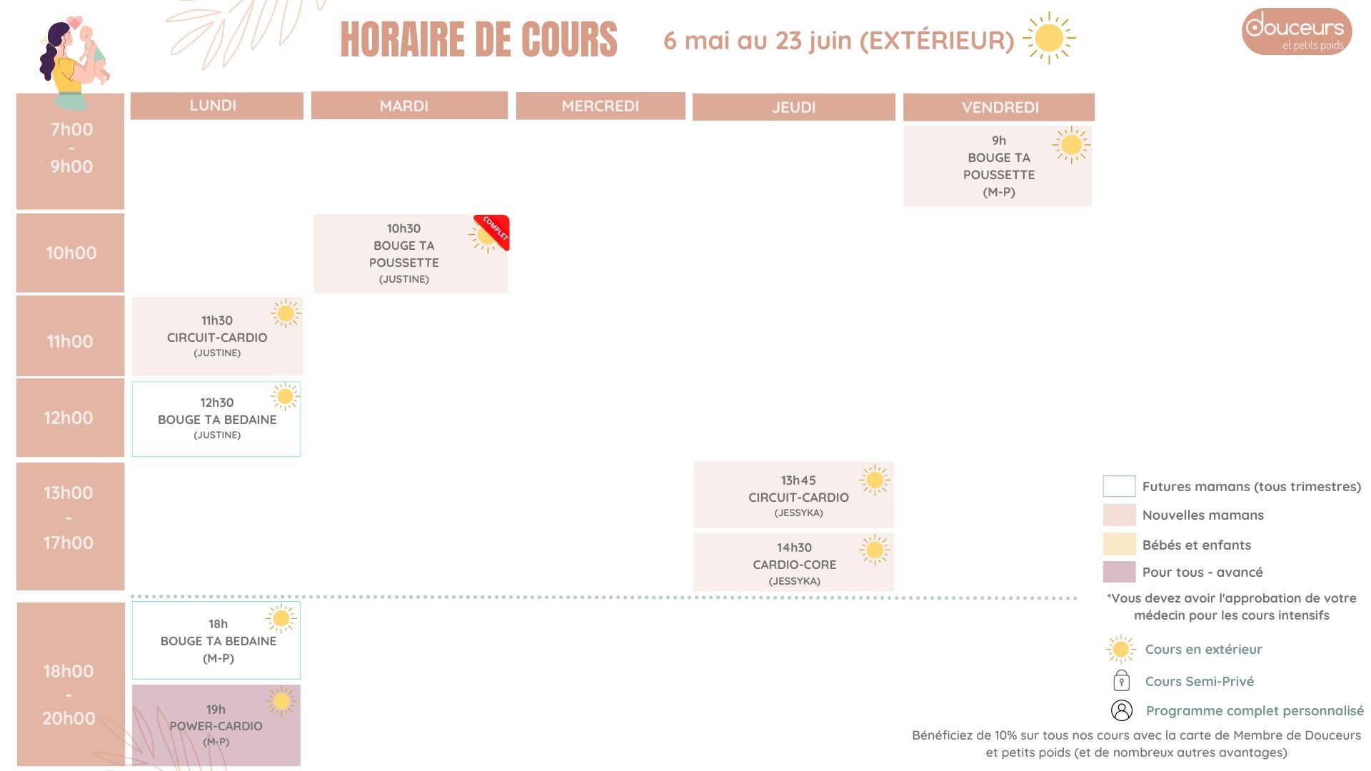 Horaire de cours de groupe extérieur, mamans bébés, futures mamans Douceurs et petits poids, Saint-Bruno-de-Montarville