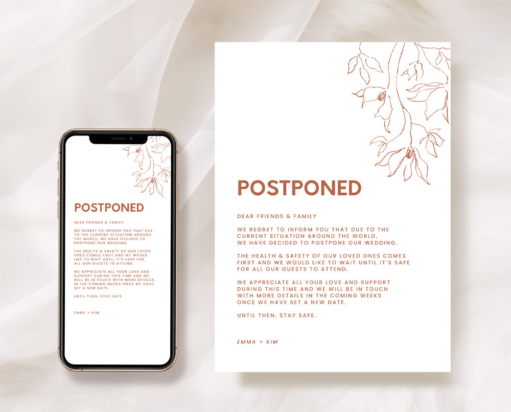 minimal wedding postponement card