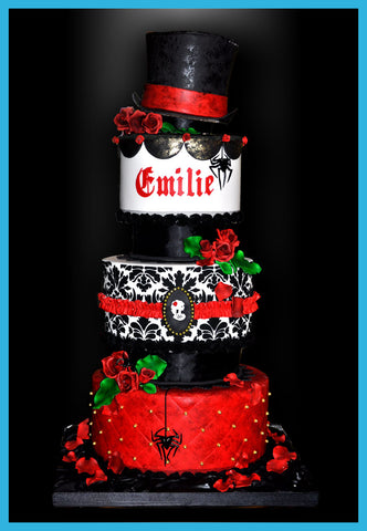gothic romance tiered wedding cake with damask velvet skeleton cameo rop hat red sugar roses spiders