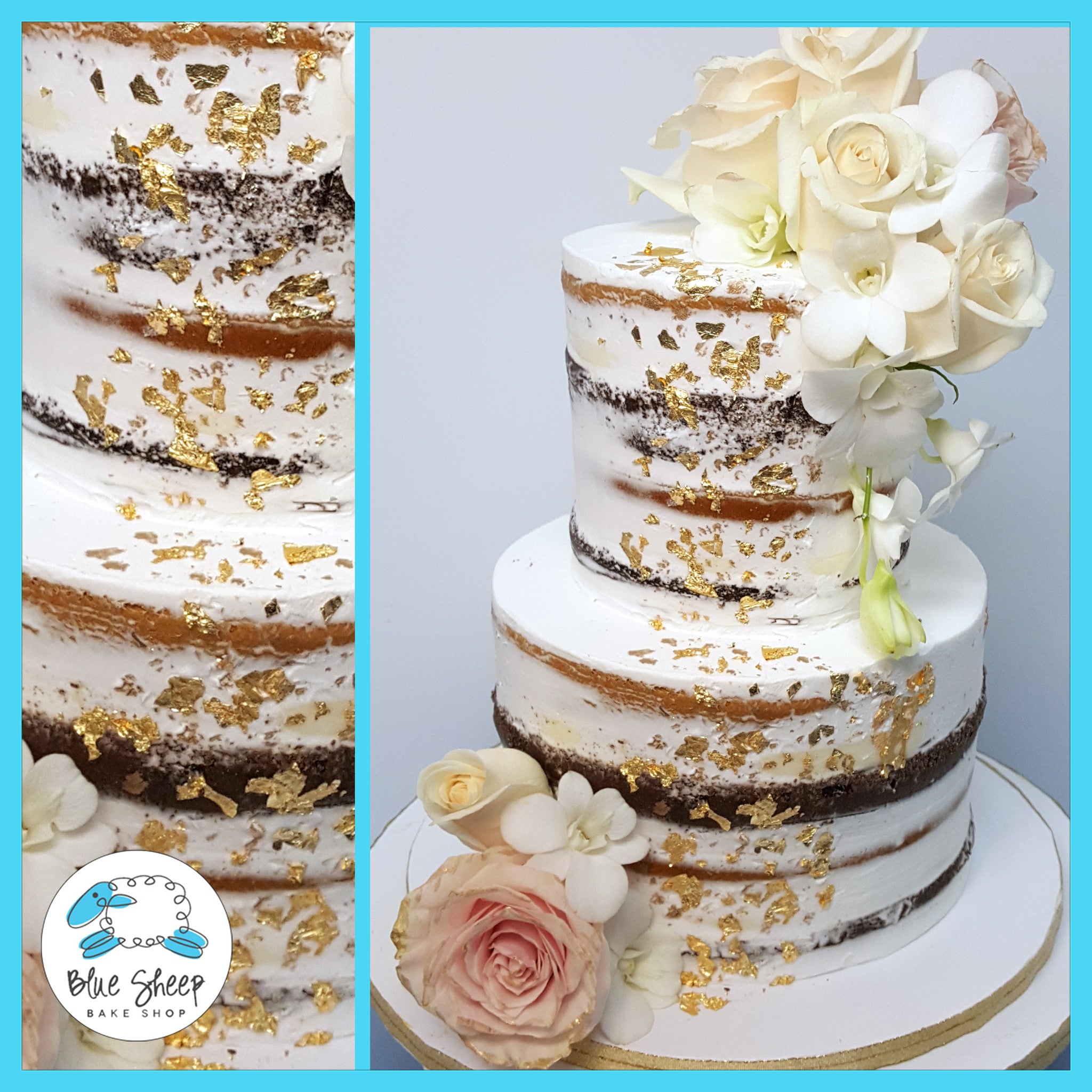 Naked Wedding Cake With Fresh Flowers And Gold Foil Blue Sheep