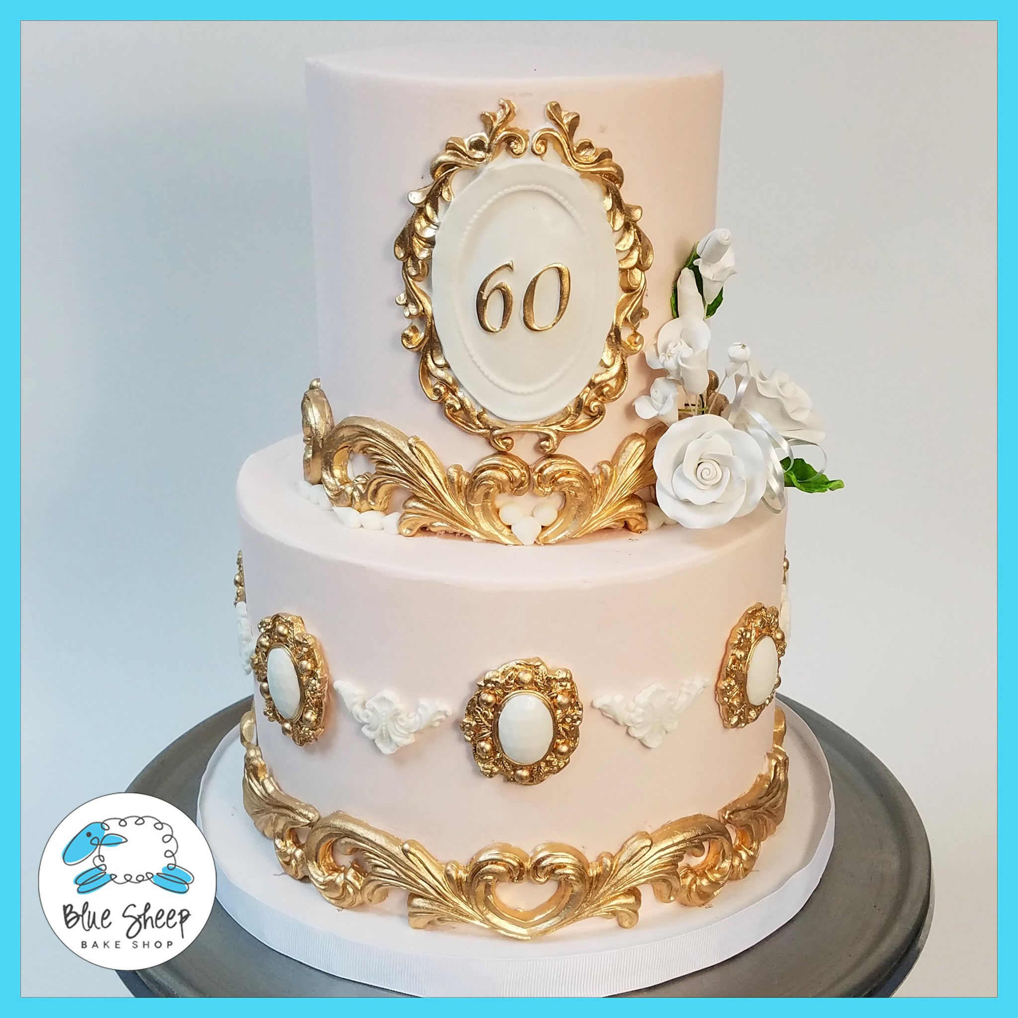 Pink and Gold Vintage 60th Birthday Cake NJ | Blue Sheep Bake Shop