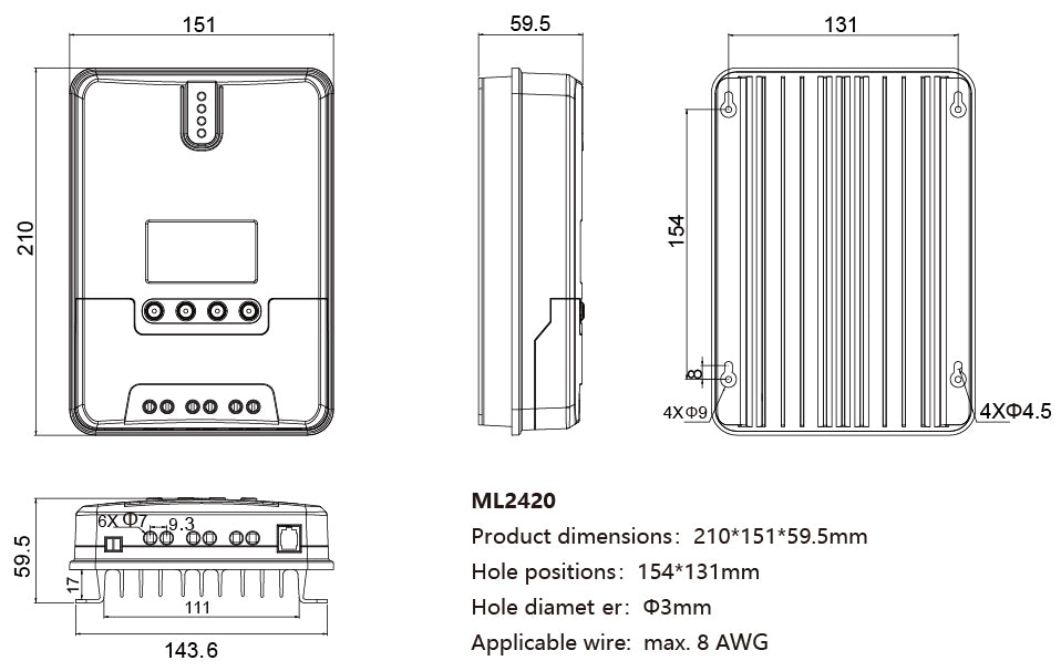 Régulateur MPPT 20A Dimensions