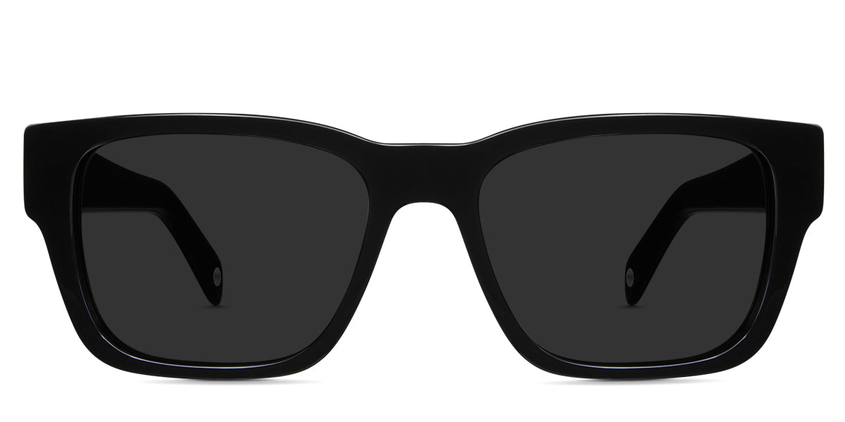 Vuri black tinted sunglasses in midnight variant - it's a wide square frame with slightly narrow nose bridge and broad temple